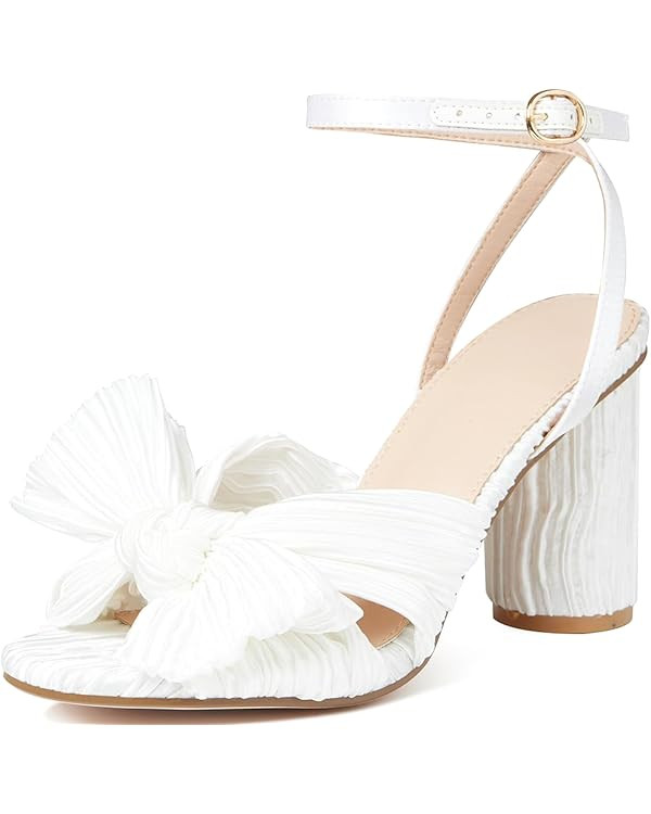 Women's Bow Knot Heeled Sandals Pleated Open Toe Ankle Strap Chunky Heels for Bride Wedding | Amazon (US)