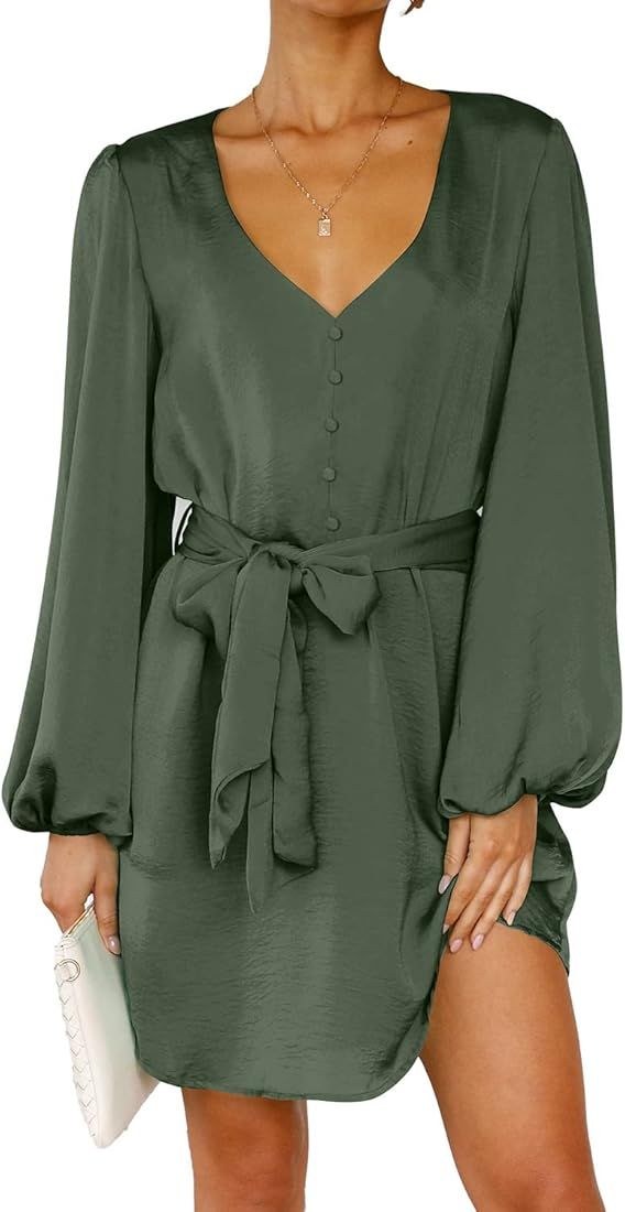 PRETTYGARDEN Women's Fall Long Puff Sleeve Satin Dress V Neck Cocktail Party Belted Short Flowy Dres | Amazon (US)