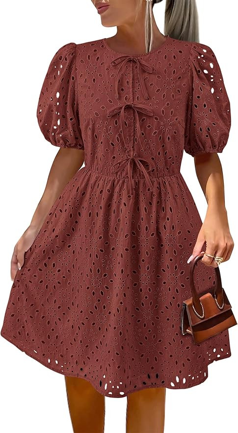 KIRUNDO Womens Summer Dresses 2025 Short Puff Sleeve Tie Front Eyelet Hollow Out A Line Wedding G... | Amazon (US)