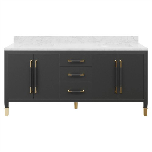 Audrina Modern Classic White Carrara Marble Black Linen Double Vanity Sink - 72" | Kathy Kuo Home