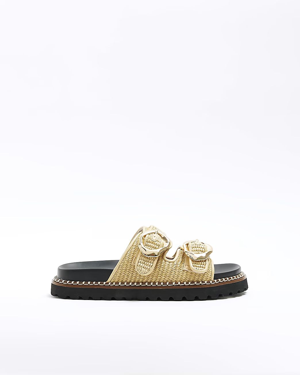 Cream wide fit raffia double buckle sliders | River Island (UK & IE)