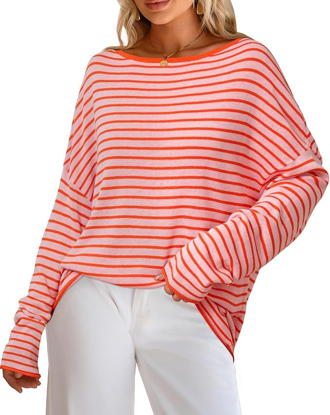 Arach&Cloz Women's Linen Blend Beach Vacation Spring Striped Casual Off Shoulder Oversized Sweate... | Amazon (US)