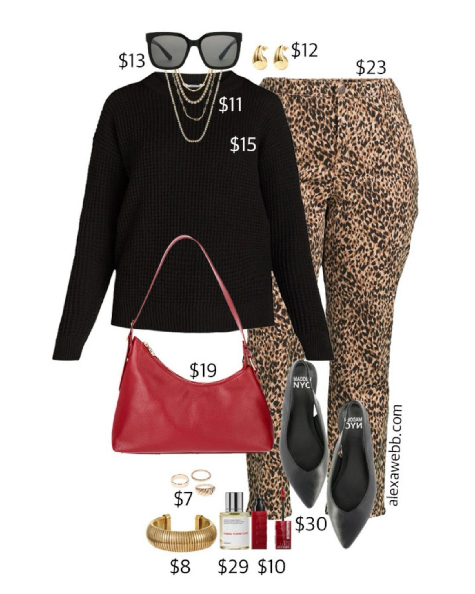 Plus Size on a Budget - Leopard Pants - A plus size casual outfit idea with trendy leopard pants. Topped with a black sweater. Add a red shoulder bag and black pointed toe flat sling backs. All on a budget for fall! Alexa Webb #plussize

#LTKPlusSize #LTKStyleTip #LTKOver40
