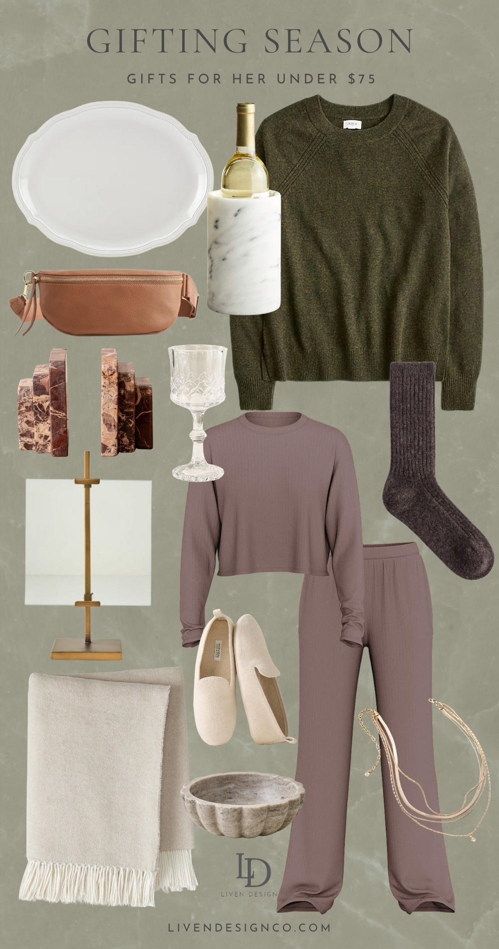 Gift guide for her under $75. Christmas gift ideas. Womens gifts. Beauty. Socks. Jewelry. Pajamas. Lounge set. Sweater. Cashmere. Wine glasses. Leather waistbag. Easel stand. Serving platter. Marble chiller. Decorative bowl. Throw blanket 

 #LTKGiftGuide #LTKHoliday #LTKFindsUnder100