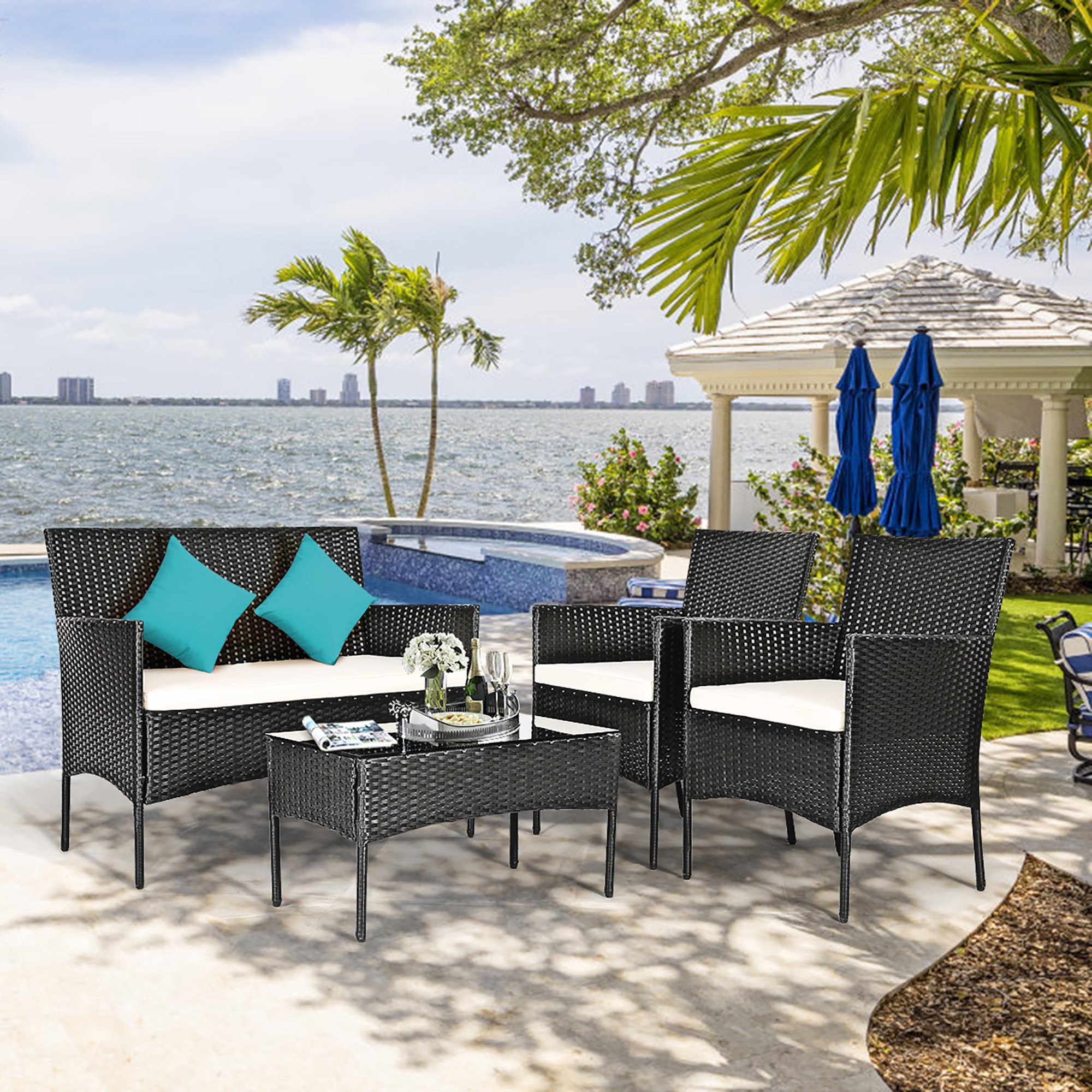 Costway 4 PC Outdoor Rattan Furniture Set Loveseat Sofa Cushioned Patio Garden Steel | Walmart (US)