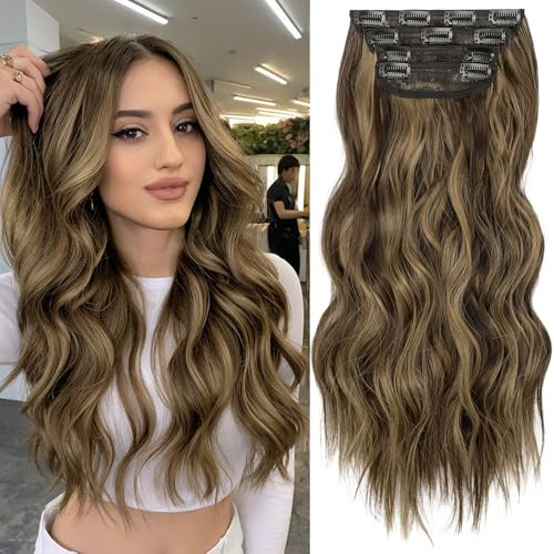 KooKaStyle Clip in Synthetic Highlight Hair Extensions Long Wavy 4PCS Thick Hairpieces Balayage Chocolate Brown to Caramel Blonde Fiber Double Weft Natural Hair Extensions 20 Inch for Women | Amazon (US)
