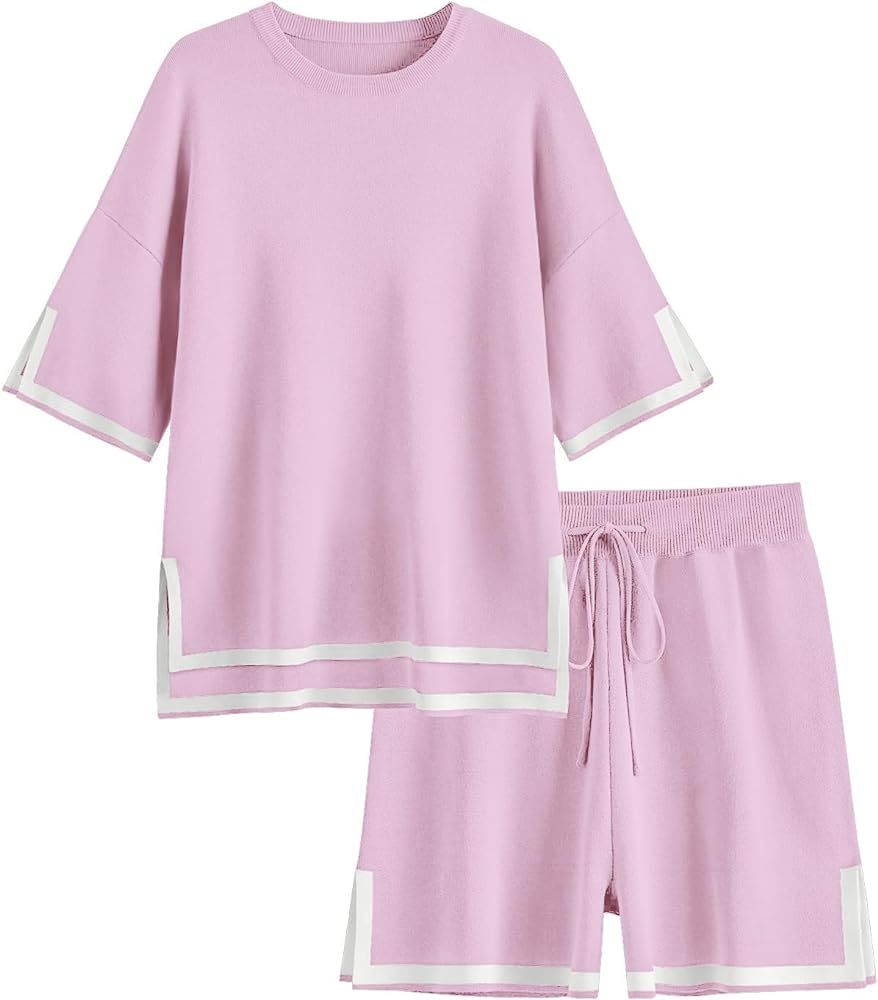 Ekouaer Womens Knit Pajamas Set 2 Piece Sweater Sets Short Sleeve Pullover Tops Loungewear | Amazon (US)