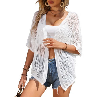 Clearlove Womens 2025 Short Sleeve Crochet Summer Cardigan Cropped Sweater Lightweight Shrug Cardigan - White,Small | Target