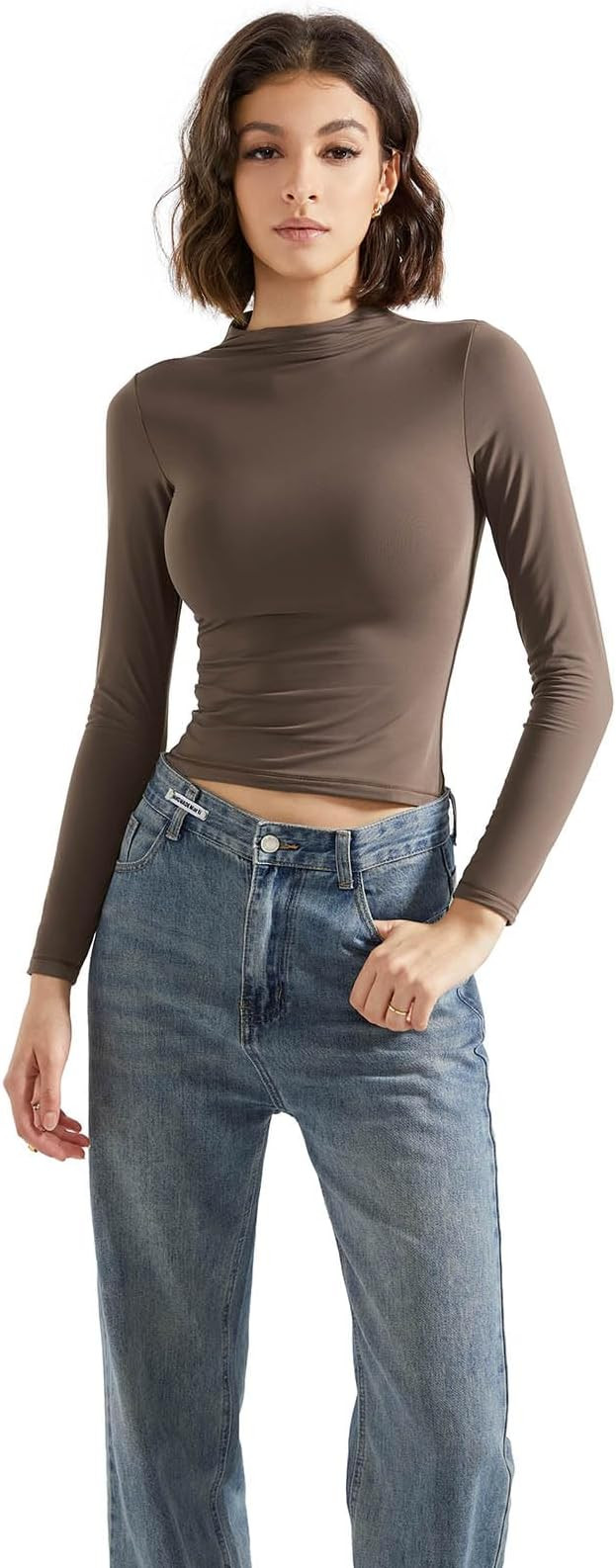 SUUKSESS Women Double Lined Mock Turtle Neck Long Sleeve T Shirt Fitted Y2k Crop Top | Amazon (US)