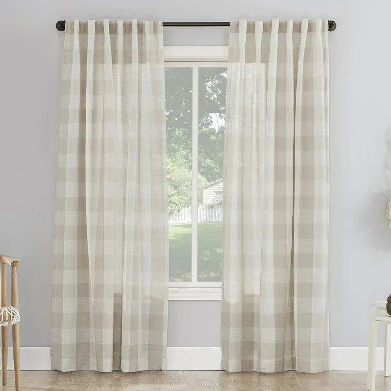 Better Homes and Gardens Buffalo Plaid Semi-Sheer Back Tab Curtain Panel, 50" x 108", Beige | Walmart (US)