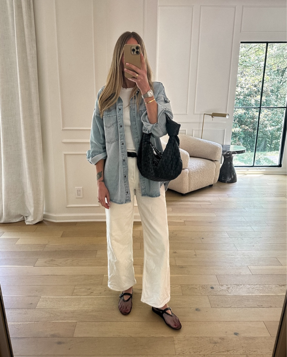 Fashion Jackson daily outfit, denim shacket (medium), white jeans (tts) #summeroutfits #nashvilleoutfits 

#LTKStyleTip #LTKShoeCrush #LTKFindsUnder100