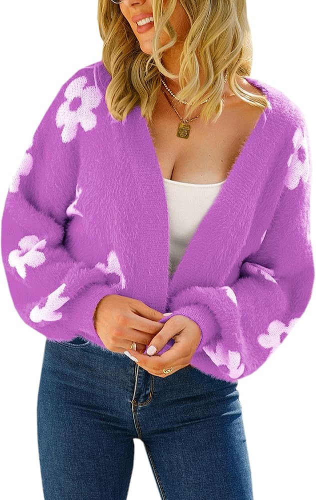ECOWISH Women Floral Cropped Cardigan: Fall Long Sleeve Button Down Fuzzy Heart Print Knit Sweate... | Amazon (US)