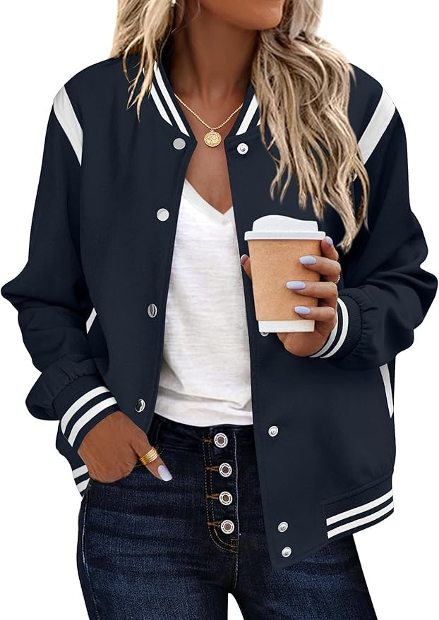 Zeagoo Bomber Jacket Women Varsity Casual Striped Button Down Lightweight Short Outwear Tops with... | Amazon (US)