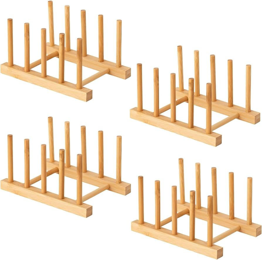 4 Pcs Bamboo Wooden Dish Rack, Plate Organizer for Cabinet Space Saver and Kitchen Counter, Bowl/... | Amazon (US)