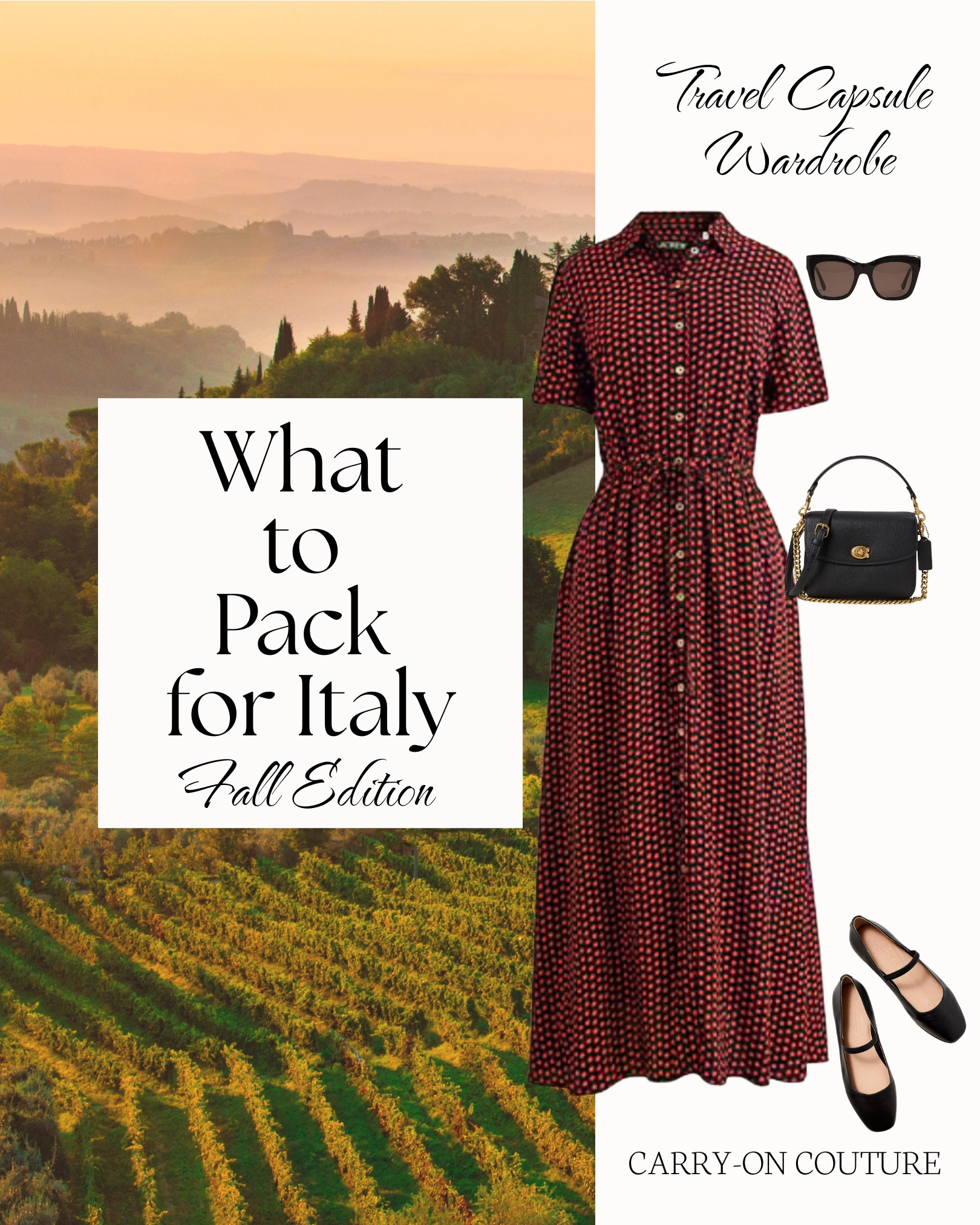 What to Pack for an Italian Fall Getaway

Warm afternoons, mild evenings, and just enough chill at night to make layering essential.  This capsule was created with Italy in mind - beautiful days filled with Renaissance art, vineyard tours, and historic churches.

Not heading to Italy?  This capsule works beautifully for early-fall travel where days reach the 70s–low 80s°F and nights dip into the 50s–60s°F…think Spain, southern France, or any destination with warm days and crisp evenings.  Here’s your packing list for a fall Italy getaway:
➡️ 4 Tops: lightweight blouses and sweater tees that stand alone during warm days, but layer easily with a cardigan or trench at night
➡️ 3 Bottoms: dark denim, versatile chinos, and a skirt that works with sneakers.
➡️ 2 Dresses: day-to-night options that feel chic with sneakers in the afternoon and flats in the evening
➡️ 2 Outer Layers: a belted trench coat for polish and light rain protection, plus a cardigan for cooler mornings and evenings
➡️ 2 Shoes: sneakers for cobblestone streets and polished flats for dinners and church visits
➡️ Accessories: silk scarf (Italian staple), compact umbrella, sunglasses, simple jewelry, and a crossbody bag 

Every item mixes and matches to create more than 14 outfit combinations, and the best part…it all fits in your carry-on suitcase.  #traveloutfits

#LTKTravel #LTKOver40