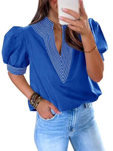 Cicy Bell Womens Puff Short Sleeve Blouses Summer Casual Dressy Contrast Stitch V Neck Tops Loose Fit Tee Shirts Royal Blue | Amazon (US)
