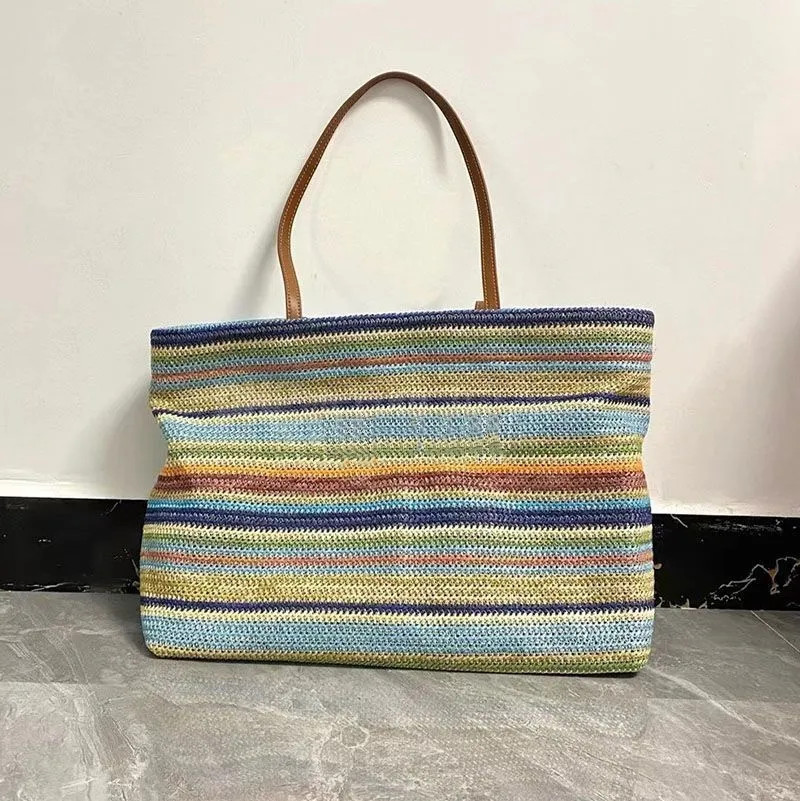 Save Big on Bulk Large Woven Beach Tote Summer Beach Travel Tote Designer Striped Woven Shoulder ... | DHGate