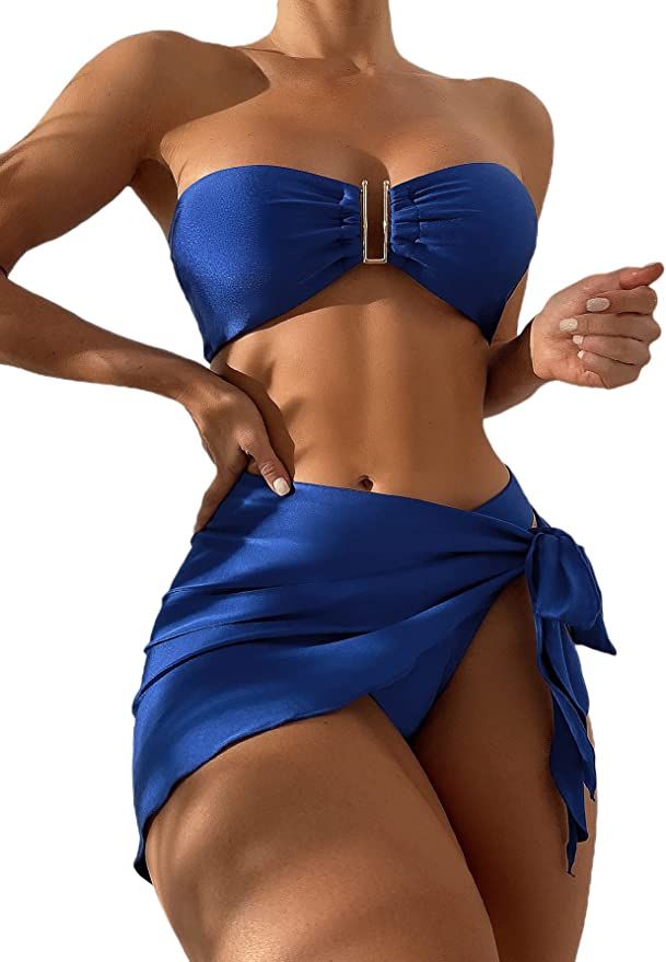 WDIRARA Women's 3 Pieces Snakeskin Print Color Block Halter Bikini Swimsuit with Beach Skirt | Amazon (US)
