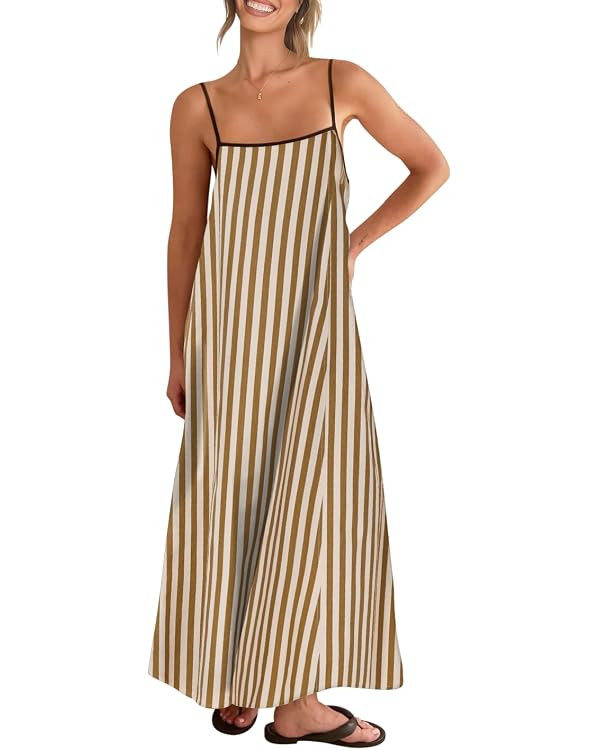 Shy Velvet Women's 2026 Summer Linen Maxi Dress Contrast Spaghetti Strap Dress Backless Casual Pa... | Amazon (US)