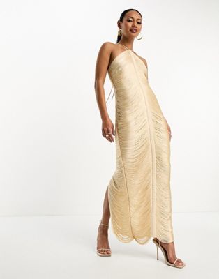 ASOS DESIGN fringe drape halter maxi dress in cream | ASOS (Global)