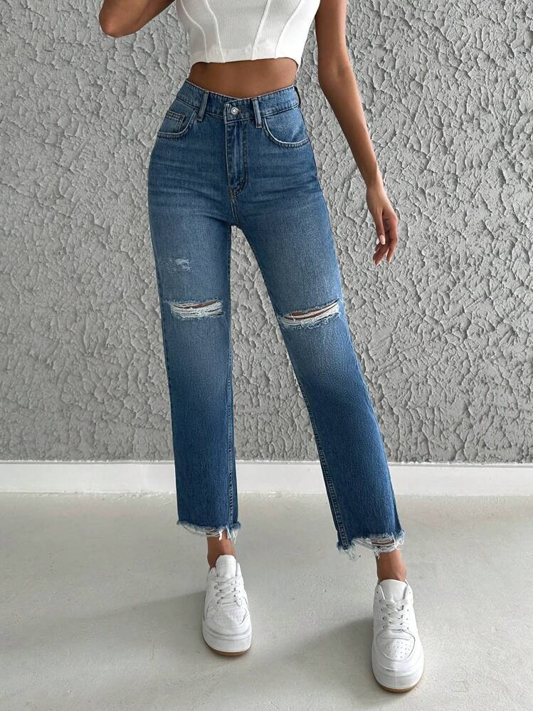 Ripped Raw Hem Straight Leg Jeans | SHEIN