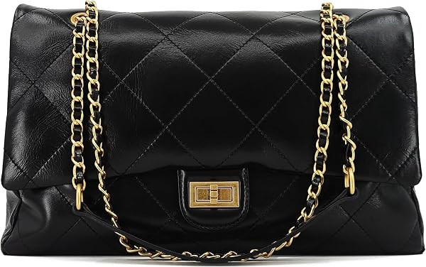 M-ioi-M Large Vintage Oiled Leather Quilted Flap Shoulder Bag with Chain | Amazon (US)