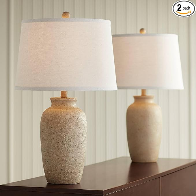 Regency Hill 25 1/2" High Farmhouse Rustic Coastal Country Cottage Table Lamps Set of 2 Beige Fab... | Amazon (US)