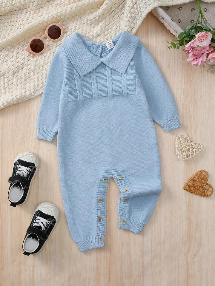 Baby Boy Solid Button Detail Cable Knit Jumpsuit | SHEIN