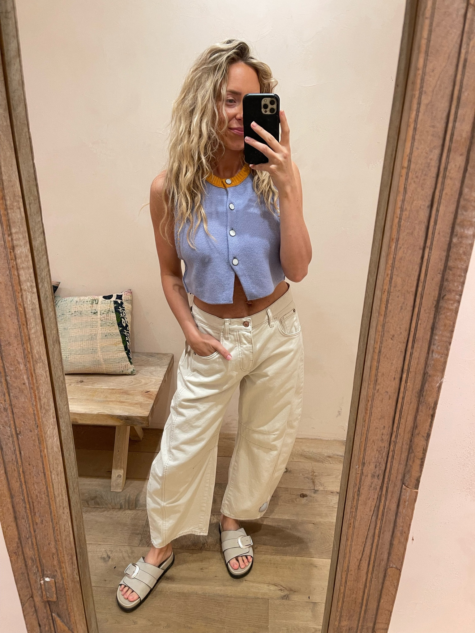 Size up in jeans 
Size small top 