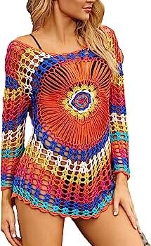 Bsubseach Rainbow Knitted Crochet Beach Cover Up Shirt Tunic Top Women Long Sleeve Hollow Out Bik... | Amazon (US)