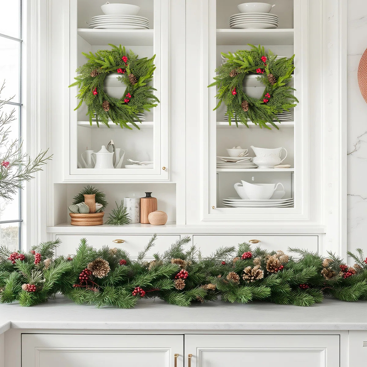 14"D Christmas Mini PE Dripping Wreath With Pinecones And Red Berries (Set of 2) | Wayfair North America