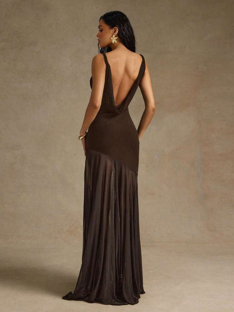 Hauture Women's Sexy Casual Twisted Shoulder With Side Slit See Through Hem Low Back Mesh Dress | SHEIN