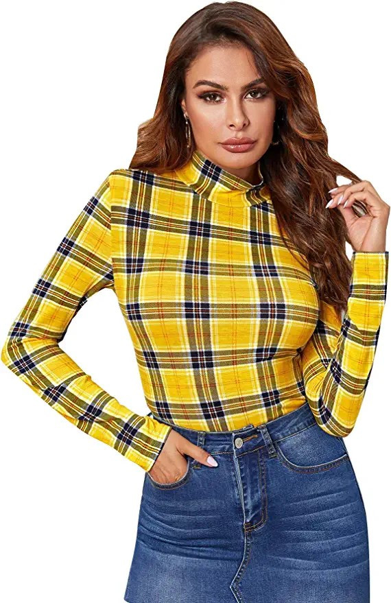 SweatyRocks Women's Mock-Neck Graphic Print Long Sleeve T Shirt Basic Blouse Tops | Amazon (US)