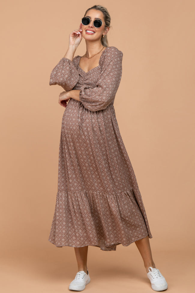 Rust Printed Sweetheart Neck Maternity Dress | PinkBlush Maternity