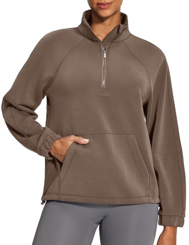 IUGA Soft Quarter Zip Pullover Cropped Sweatshirts for Women Half Zip Pullover Drawstring Hem with Pockets Brown Coffee | Amazon (US)