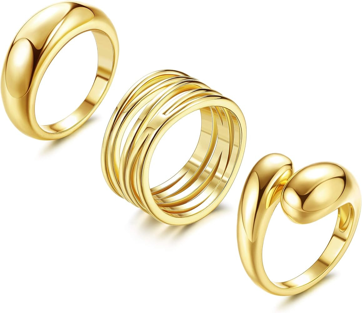 3Pcs Chunky Gold Ring for Women Men Fashion 14k Gold Plated Dome Rings Thick Statement Ring Size6... | Amazon (US)