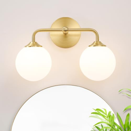 Modern Gold 2-Lights Bathroom Light Fixtures, Brass Vanity Light with Milky White Globe Glass Shade, Elegant Vanity Light Fixtures over Mirror, Wall Sconce Light for Bathroom, Mirror, Dressing Table | Amazon (US)