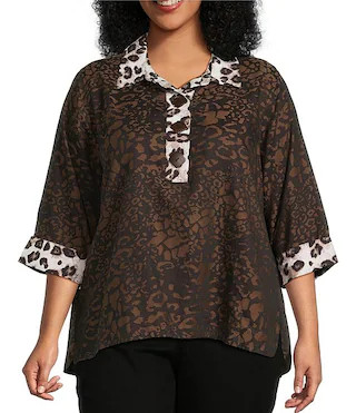 Ali Miles Plus Size Woven Animal Print Point Collar 3/4 Sleeve Contrast Trim Hi-Low Hem Tunic | D... | Dillard's