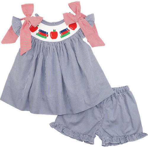 Navy Gingham Smocked Back To School Bow Short Set | Cecil and Lou