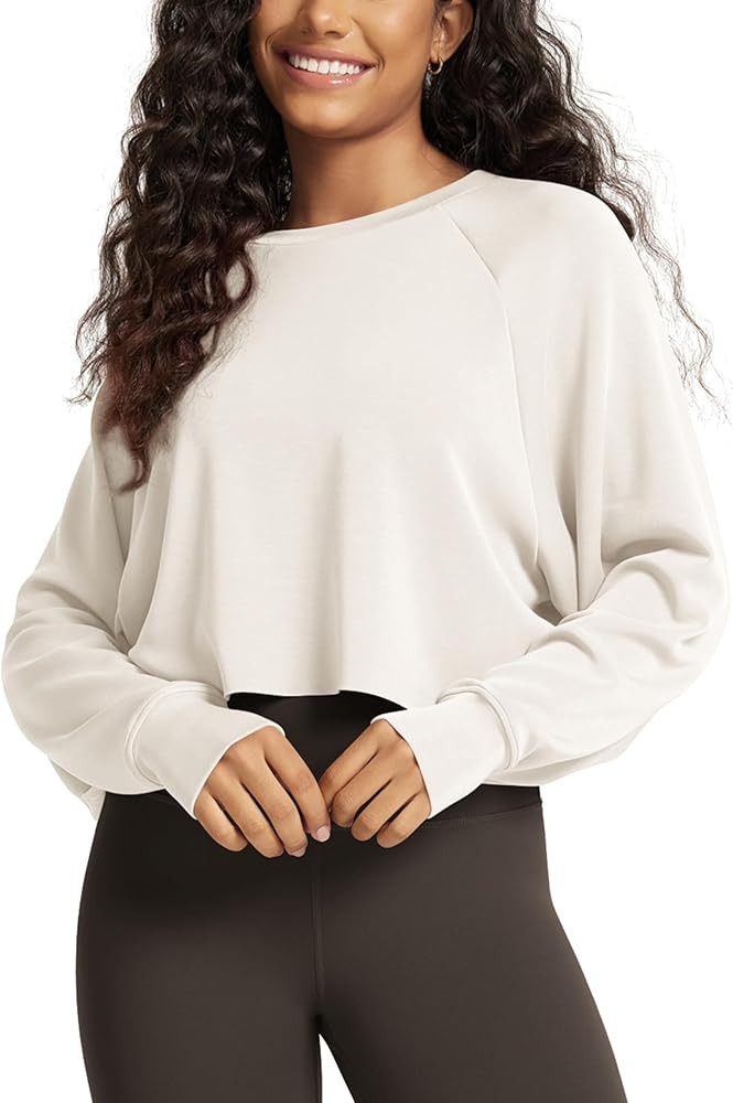 ODODOS Modal Soft Long Sleeve Cropped Sweatshirts with Thumb Hole for Women Crew Neck Pullover Cr... | Amazon (US)
