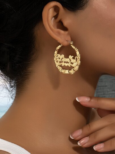 1pair Metallic Punk Style Bamboo Joint, Geometric, Circle, Heart, Hollow Out, Letter Design Hoop ... | SHEIN