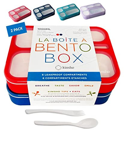 Bento Lunch Box for Kids: Leakproof Lunch Boxes, Snack Containers for Boys, Girls with 6 Compartments - School, Daycare, Meal Planning Portion Container, BPA-Free Boxes, Utensils, Red Navy Blue Set | Amazon (US)