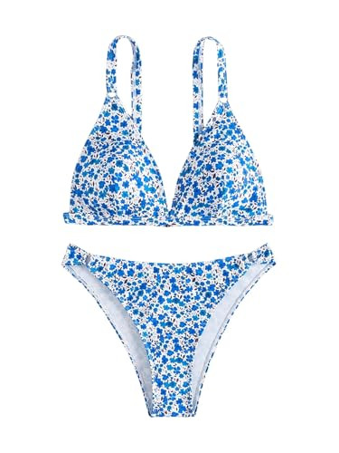 SOLY HUX Women's Floral Print Spaghetti Strap Bikini Bathing Suit 2 Piece Swimsuits Blue Floral Medium | Amazon (US)