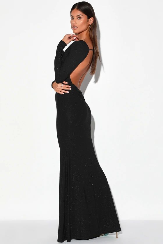 Glamorous in Glitter Black Long Sleeve Backless Maxi Dress | Lulus (US)