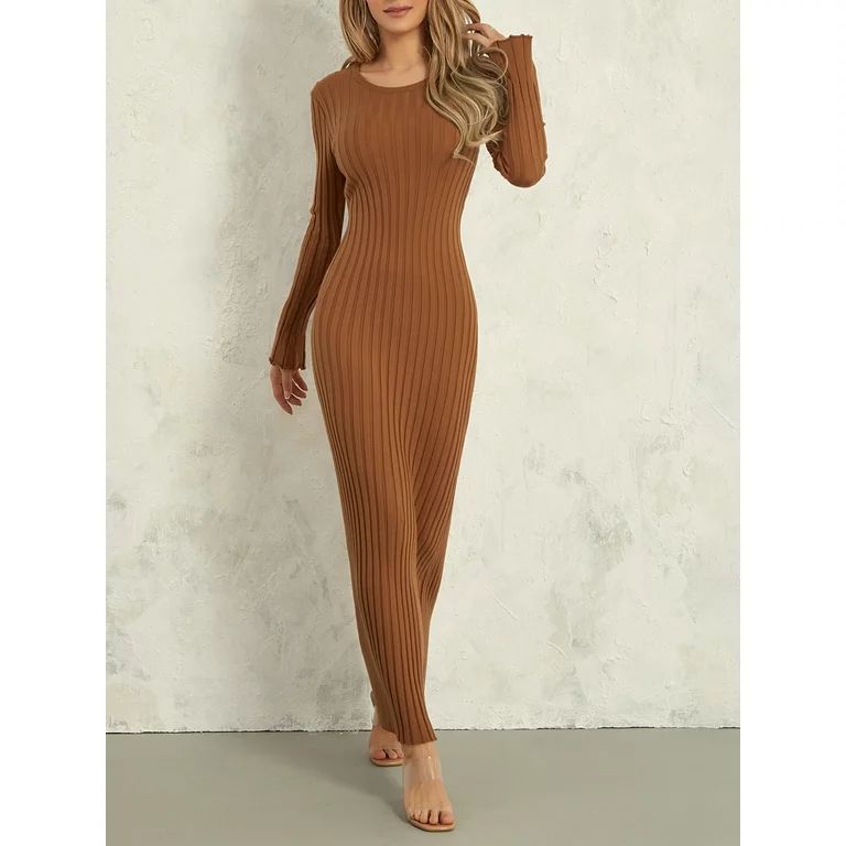 Fashionable Women's Knit Dress, Long Sleeve Ribbed Solid Autumn Maxi Dress | Walmart (US)