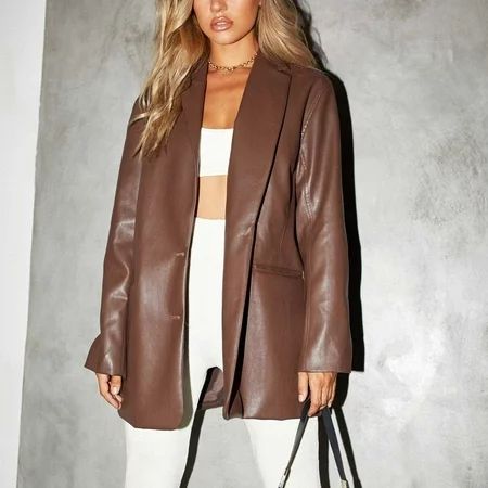 Womens Leather Coat Long Sleeve Lapel Faux Leather Jacket Button Front Trench Coat | Walmart (US)
