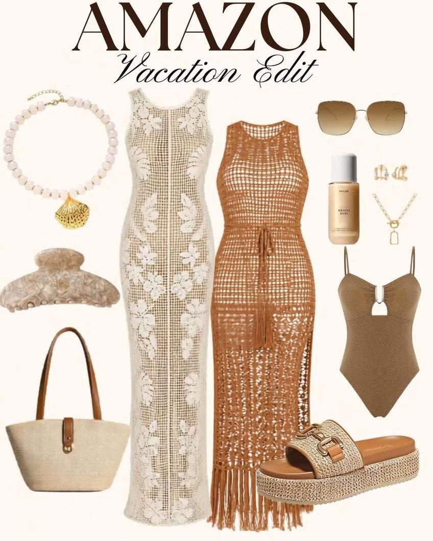 AMAZON Vacation Edit 🤍 Chic resortwear and beachwear finds that look effortlessly elevated without the luxury price tag. This crochet coverup instantly gives that coastal vacation vibe and pairs perfectly with neutral swimwear, woven accessories, and easy summer staples. Whether you’re packing for a tropical getaway, beach vacation, cruise, or poolside weekend, these Amazon fashion finds make summer styling feel simple, polished, and timeless. Saving all the neutral resortwear inspo for vacation season ✨ #ad #amazon #amazonfashion #amazonfinds #vacationoutfits #beachwear #resortwear #summerstyle #swimcoverup #neutralstyle #beachvacation #vacationstyle #summerfashion #poolsidevibes #amazonstyle #tropicalvacation #coastalstyle #resortfashion