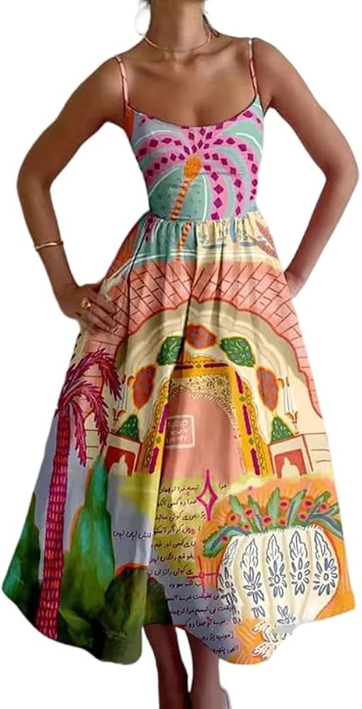 Women's Graphic Print Summer Spaghetti Strap Midi Dress A-Line Flared Dress for Beach Vacation & ... | Amazon (US)