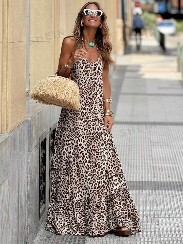 SHEIN Frenchy Leopard Print Neckband Backless Ruffle Dress With Tie Straps For Summer Vacation | SHEIN