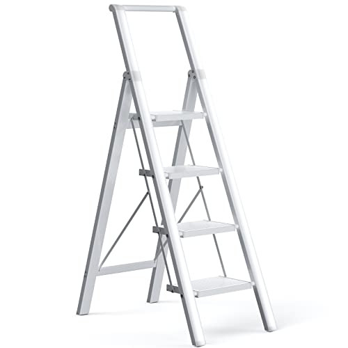 Step Ladder Folding Step Stool - Lightweight Aluminium Ladders W/Anti-Slip Wide Pedal&Handle for Adults&Seniors, Perfect for Home Kitchen Garden Safety Decorative Ladder, Silver | Amazon (US)